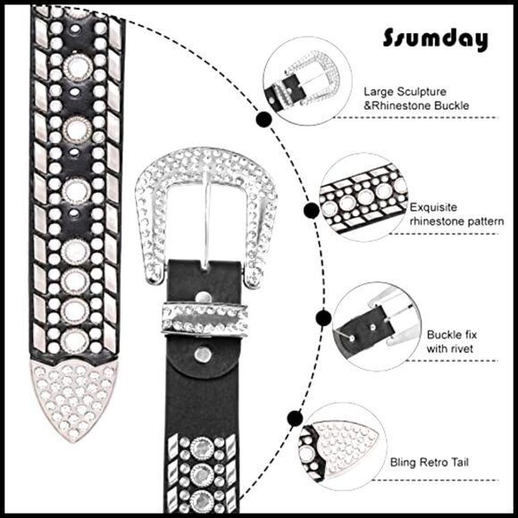 Rhinestone Bohemian Leather Belt Silver Buckle 1.5\